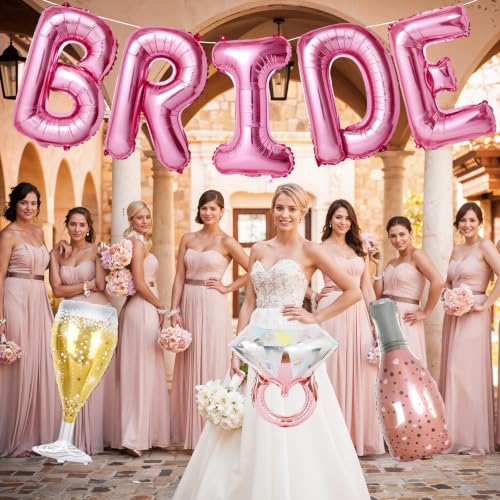 Image of 40inch Bride Balloons Pink Letters Banner, Bachelorette Party Decorations Set with Diamond Ring Champagne Bottle Balloon Glass Foil Balloon for Pink Bachelorette Engagement Wedding Bridal Shower Decor