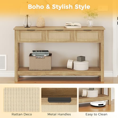 Image of Luoxiao Console Table Narrow Wood Rattan Hallway Table with 3 Drawers Entrance Table with Open Shelf Narrow Sofa Table for Living Room Boho Console Table for Hallway Foyer Entrance 120 x 30 x 80 cm