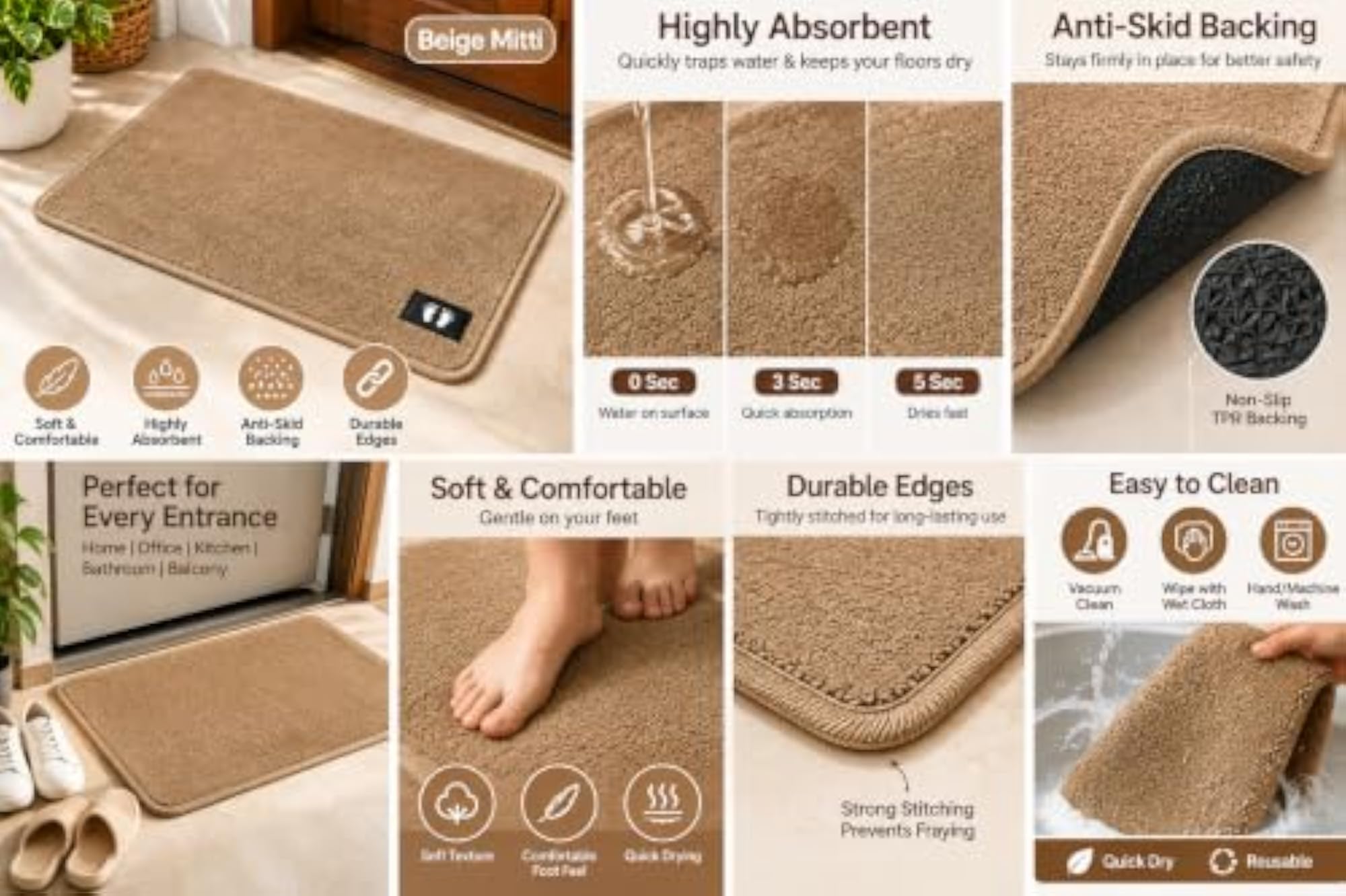 Soft Microfiber Anti-Slip Bathroom Mats, Super Absorbent