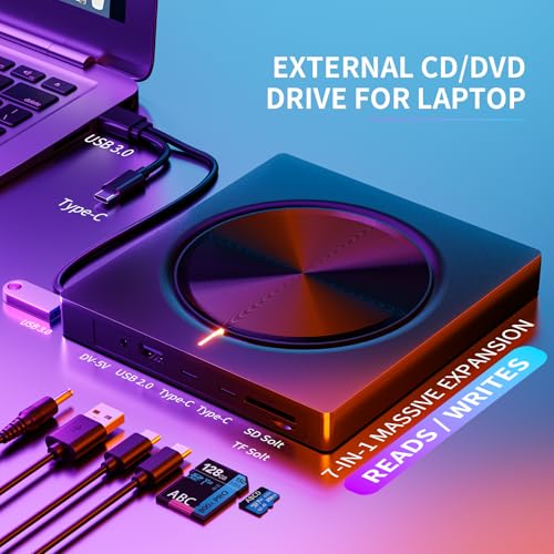 Image of Umaniy External CD /DVD Drive,8 in 1 DVD Player for Laptop,USB 3.0 Portable DVD Reader Writer ROM Drive,CD Burner External Disk Drive Compatible with Laptop Desktop Mac,Windows 11 /10 /8 /7