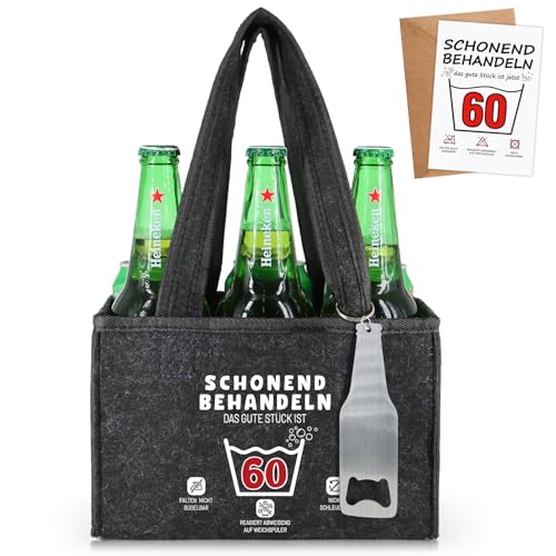 WenmthG Schonend Behandeln 60 Lustige Geschenke Geburtstag Männerhandtasche Bier mit Flaschenöffner und Grußkarten für Männer Frauen Freund, Männerhandtasche Bier Flaschenträger für 6 Bierflaschen