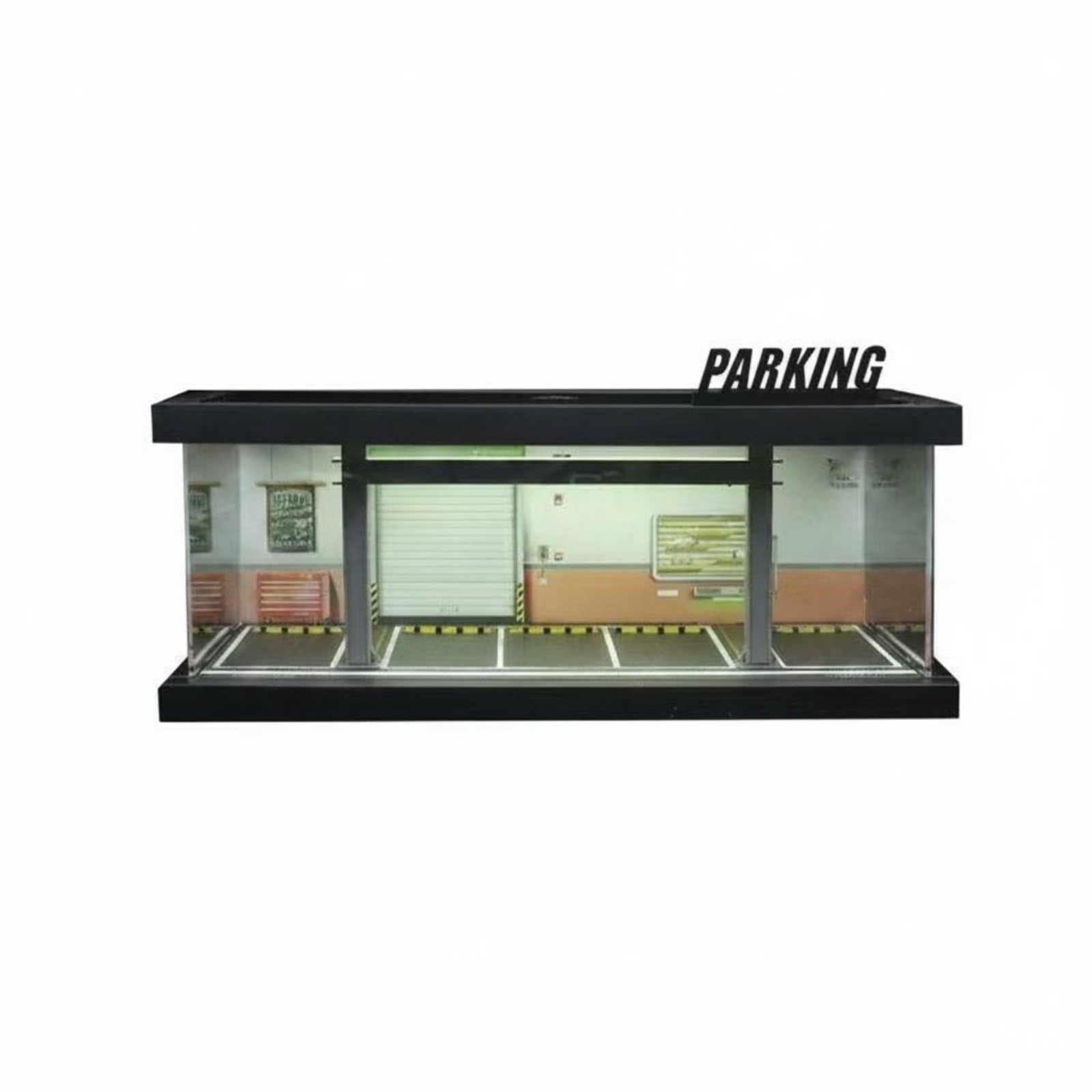 predolo Modello di Parcheggio in 1:64 Effetto Realistico Diorama Illuminato Alimentazione USB-C Decorazione da Collezione, Officina Meccanica con Insegna off Road