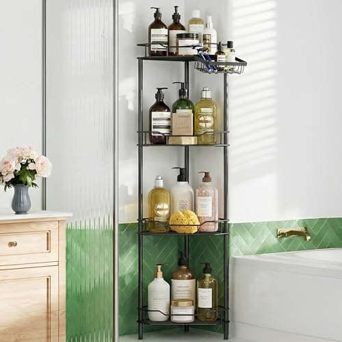 El Mejor Listado de Organización del baño Top 5. 41 Esquinero para Baño 4 Niveles con Porta Jabón y Ganchos, Organizador de Ducha Metal Antioxidante, Estante de Piso con Cojines Adhesivos, para Baño Cocina Lavandería, Negro
