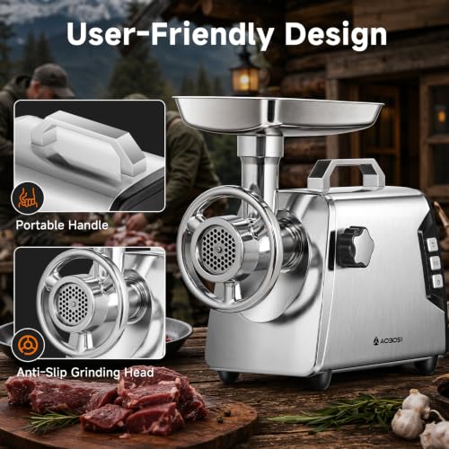 Image of AAOBOSI #12 Meat Grinder Heavy Duty, 3000W Electric Meat Grinder for Hunting with All-Metal Gearbox & Reverse Function, Built-in Storage Box, All-Stainless Body for Deer Wild Game Processing