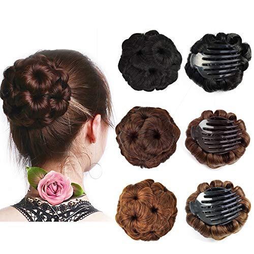 Beauty Angelbella Hair Buns Synthetic Natural Curly Chignon Hairpieces Updo Clip in/on Plastic Comb Elastic Bride Donut Wig For Women(Dark Brown)
