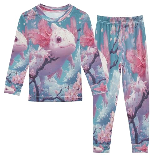 Pajama Sets Long Sleeve Kawaii Axolotl Pink Cherry Blossoms Soft Comfy Sleepwear 2 Piece PJS 3-8T