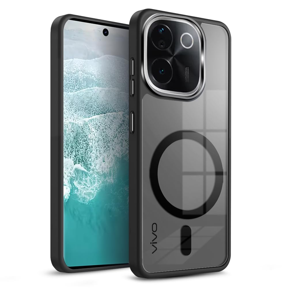 KARWAN Translucent Hybrid Back Case Cover Compatible with Iqoo Z9S Shockproof Case with Camera Protection, N52 Magnet Cover Case with Magnetic MagEaze Wireless Charging Cover (Black)
