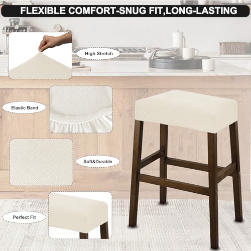 Image of NeColorLife Rectangle Bar Stool Covers Waterproof,Ivory,2 Pack | Stretch Saddle Seat Covers for Counter Height, Kitchen Island, and Vanity Bar Stools, Protecting Seats from Daily Wear