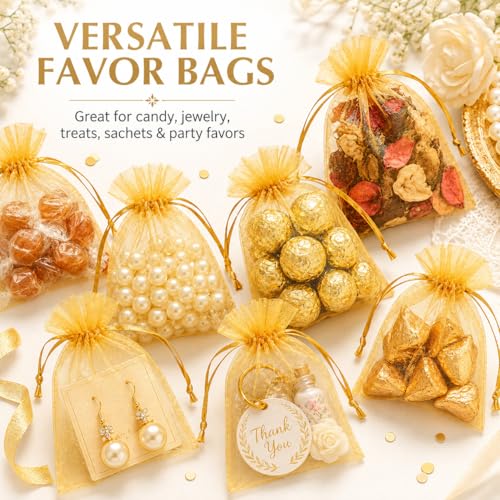 Image of Hopttreely Gold Organza Bags 4x6 Inch, Premium Mesh Drawstring Gift Bags for Party Favors, Jewelry Packaging, Wedding Candy, Christmas, Small Business Supplies, 50 Pcs