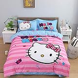 Anjos Pink Hello Kitty Stripes Girls Cartoon Duvet Cover Set - Polyester - Duvet Cover,Flat Sheet,Pillow Cases - (Full78x90inch)