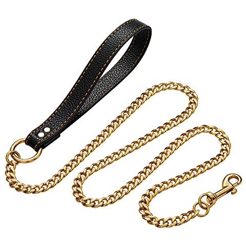 4.3 FT Gold Chain Dog Leashes with Comfortable Padded Traffic Handle for Small Medium Large Breed Dogs Walking Lead, Heavy Duty Strong Durable No Pull Dog Training Pet Leash for Dogs Cover