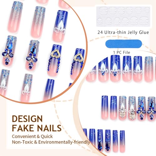 GlamRays Royal Blue Press On Nails Long Length Square Shape Acrylic False Nails with Rhinestone Designs False Nails Pack of 24 - Image 3