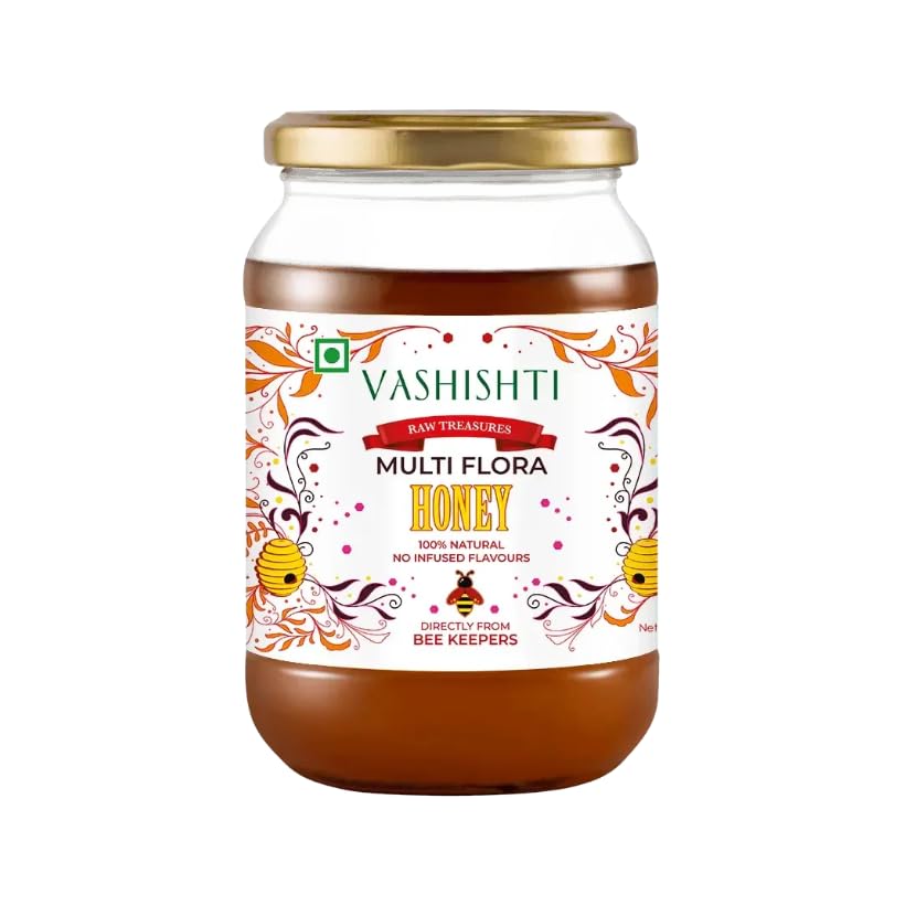 VASHISHTI Raw Treasures Multi Flora Honey | 100% Pure & Natural | Raw & Unprocessed Honey | No Added Sugar | No Artificial Flavours | Directly From Beekeepers (600 Gm)