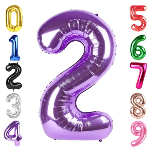 Image of 40 Inch Purple Number 2 Balloon Birthday Party Decorations for Men & Women | 40 Inch Purple inflatable foil number balloons, large birthday decorations for 2nd birthday