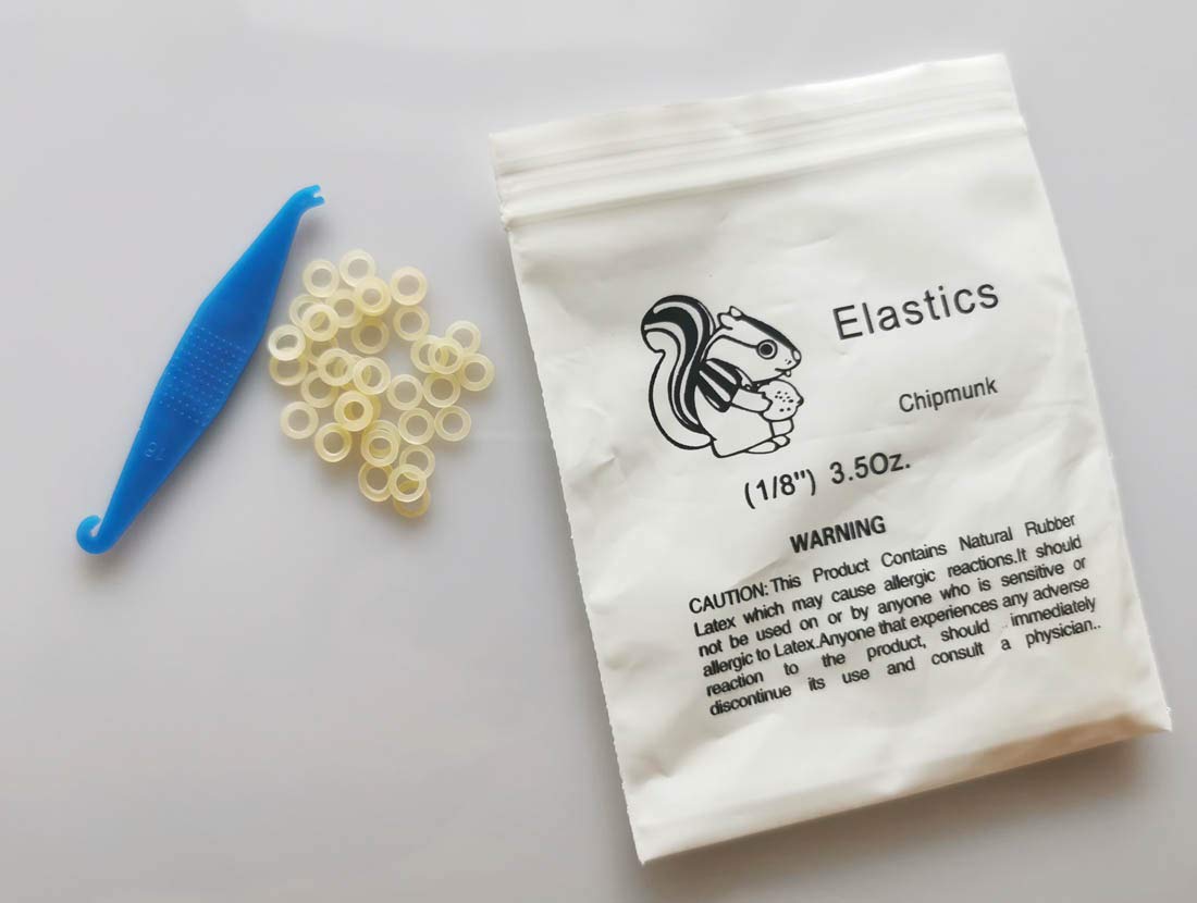 Elastic Dental Rubber Bands 3.5 OZ Medium Force 1/8 Orthodontic Brace Bands Tooth Gaps Dreadlocks Hair Braids Fix Tooth Gap, Free Elastic Placer (100 Pcs - Medium 3.5OZ Natural 1/8")