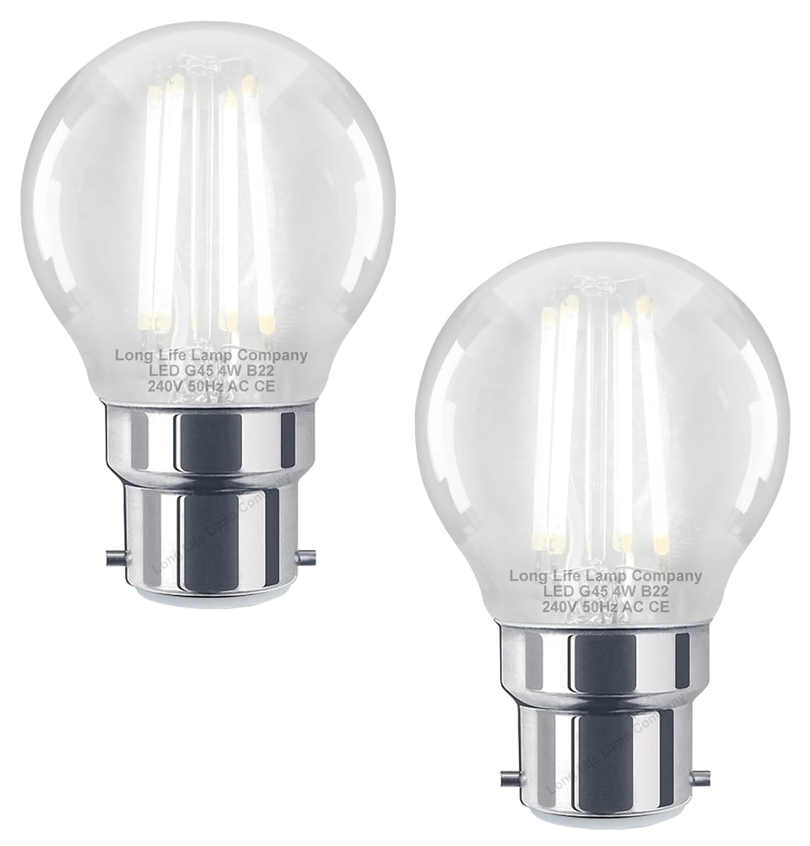 Long Life Lamp Company LED Filament Golf Ball Light Bulb B22 Cool White Clear Glass Bayonet 4w Pack of 2