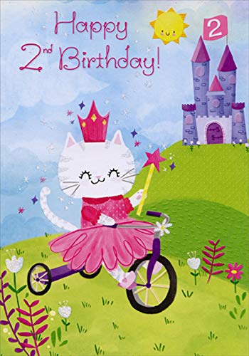 Designer Greetings Princess Kitten on Bicycle Age 2 / 2nd Birthday Card for Girl with Stickers