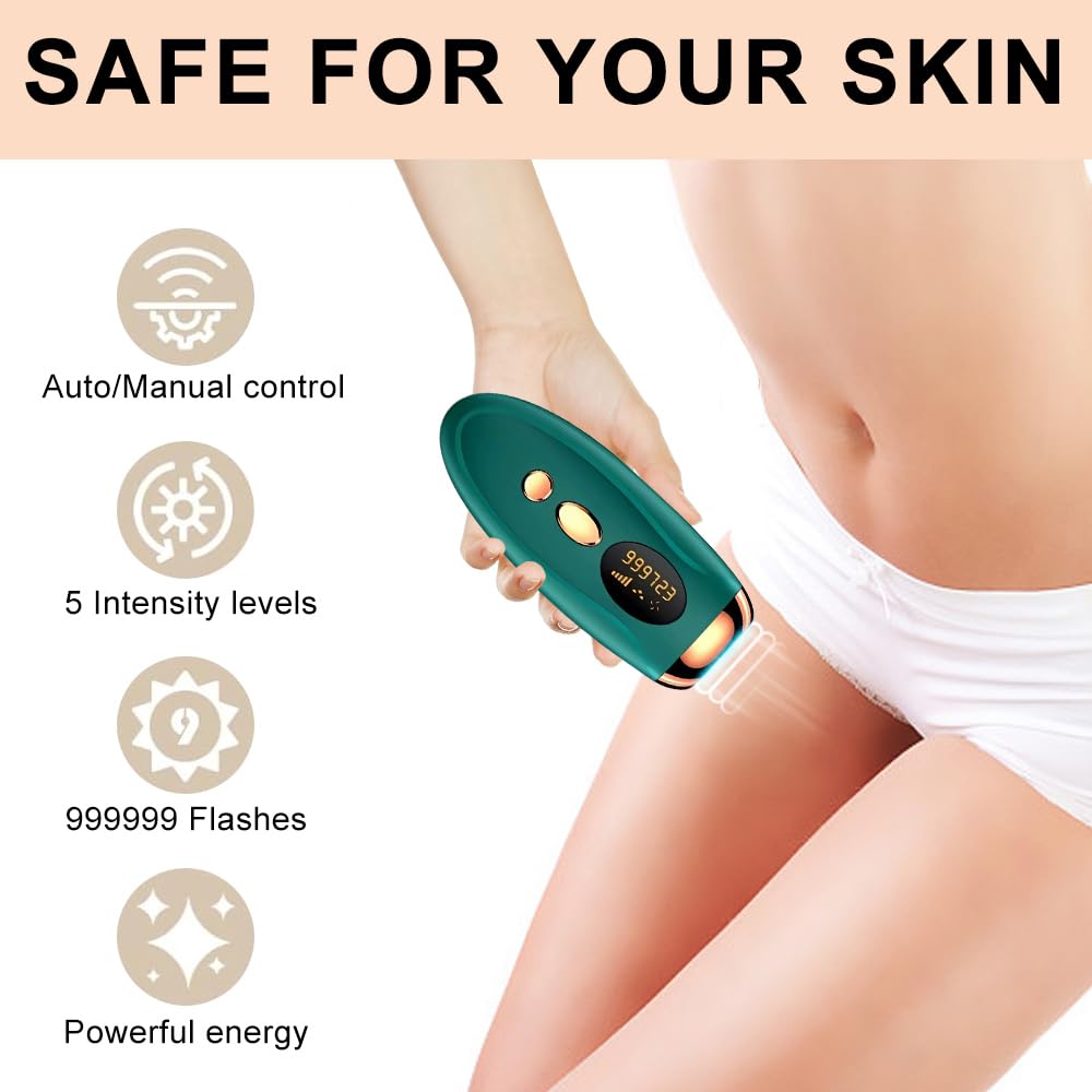 Depiladora Electrica, Depiladora Laser, Depiladora Laser IPL con Función de Enfriamiento, Depiladora indolora para cara, axilas, brazos, piernas y cuerpo (Verde)