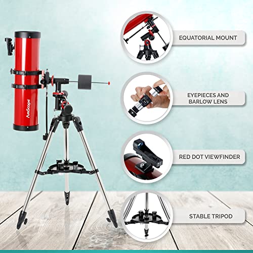 Image of AmScope Reflector EQ Telescope with Equatorial Mount, 130mm Aperture, 650mm Focal Length, Stainless Steel Tripod and Red Dot Finder