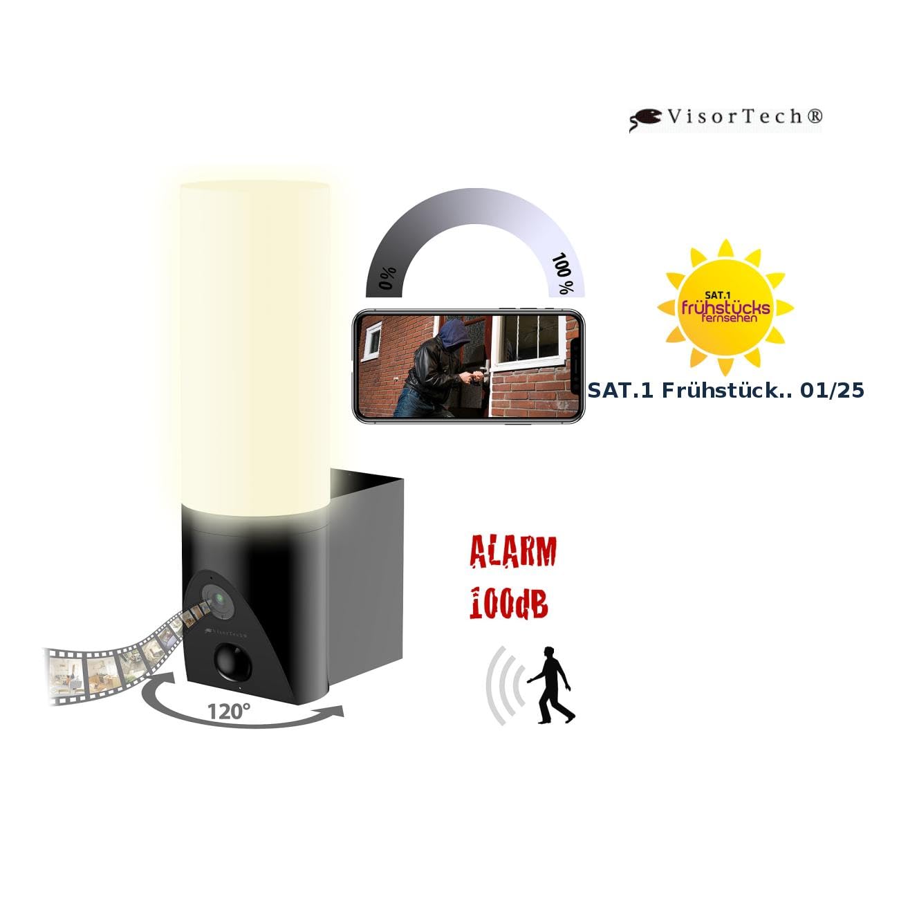 VisorTech Außenleuchte mit Kamera: LED-Außenwandleuchte & WLAN-2K-Kamera, PIR, Nachtsicht, App, schwarz (Outdoor Cam, Outdoor-Überwachungskamera WLAN, Funk Bewegungsmelder)