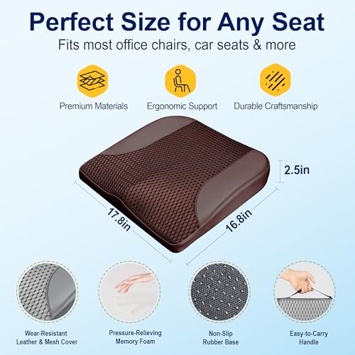 Image of kingphenix Car Seat Cushion - Memory Foam Pad for Driving Comfort - Boosts Height and Relieves Coccyx & Lower Back Pain - Car, Truck, Office Chair (Leather & 4D Mesh Brown)