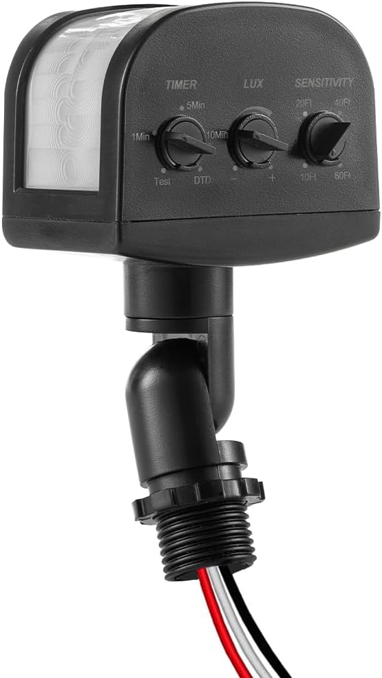 240-Degree Light Motion Sensor, 5-300LUX Adjustable Dusk to Dawn Replacement Motion Sensor, Adjustable Time & Detection Sensitivity 60Ft, 3 Modes Motion Detectors for Floodlight, UL Listed, Black