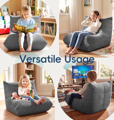 Image of Hobestluk Small Bean Bag Chair Faux Fur Fabric BeanBag Couch for Playroom | Grey Corduroy,Ergonomic Design,Memory Foam,Strong Supportive,No Assembly Required,Decorative Style for Living Room Bedroom