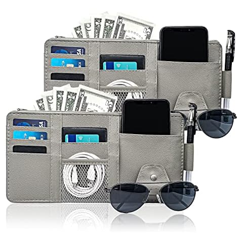 Keedolla 2Pcs Car Sun Visor Organizer with Zipper Pocket, Car Truck Visor Storage Pouch Holder Travel Auto Document Holder for Mobile Phone, Sunglasses, Card - Gray Cover