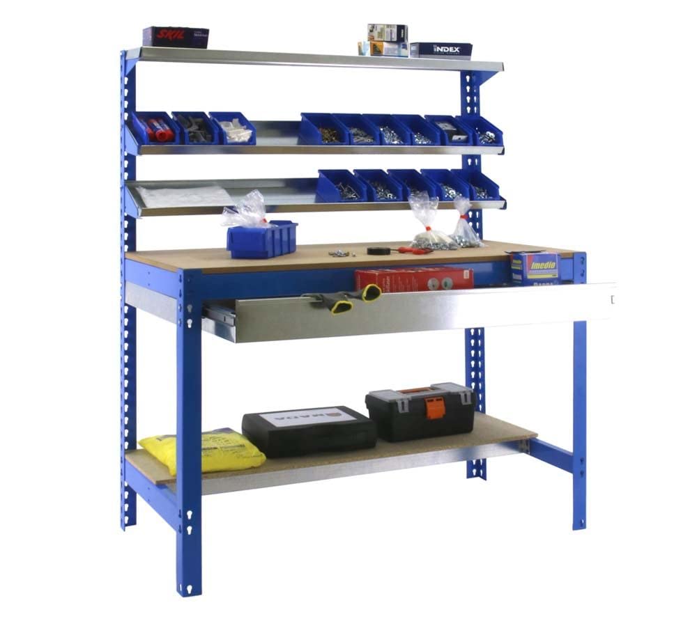 PROREGAL Werkbank Buffalo mit Frontablage und Schubfach | HxBxT 84x120x61cm | Traglast 600kg | Blau Werktisch Arbeitstisch Arbeitsbank Werkstattbank