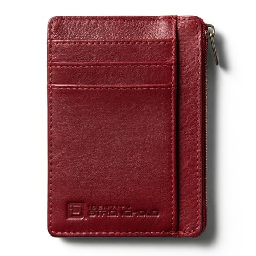 Image of ID STRONGHOLD RFID Front Pocket Wallet Mini Minimalist Wallet Slim Wallet Genuine Leather with Zipper , Red , Small
