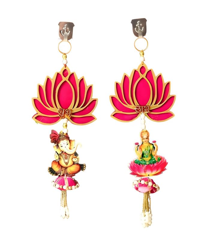 Image of shubh labh Hanging,latkan for Decoration, Mandir Door Decorations Items, Pink Lotus with Ganesh laxmi Hanging, Ganpati Decor & Diwali Decoration|2 Pieces|12 Inch |