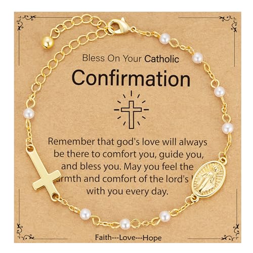 Gnamy Catholic Confirmation Gifts for Teen Girls Virgin Mary Cross Bracelet Confirmation Decorations Favors Easter Christian Religious Jewelry Gifts Idea for Teenage Girl Teens Kids Daughter Granddaughter Gold Age
