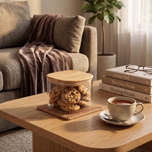 Image of Airtight Square Glass Storage Jar with Bamboo Lid, 500ml Multipurpose Kitchen Container for Coffee, Tea, Sugar, Masala, Spices & Dry Fruits | Modern Transparent Pantry Organizer (Pack of 2)