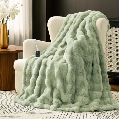 Amélie Home Heated Bubble Faux Fur Blanket Electric - 50"x60" Heating Blanket Throw 2/4/6/8 Hours Auto-Off 8 Heat Level Over-Heat Protection Electric ETL Certification Sage Green