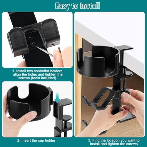 Image of OIVO INDIA 3-in-1 Desk Controller Holder with Headphone Hanger & Anti-Spill Cup Holder, 360 Rotating Aluminum Clamp Mount for Gaming Controllers Remote Stand