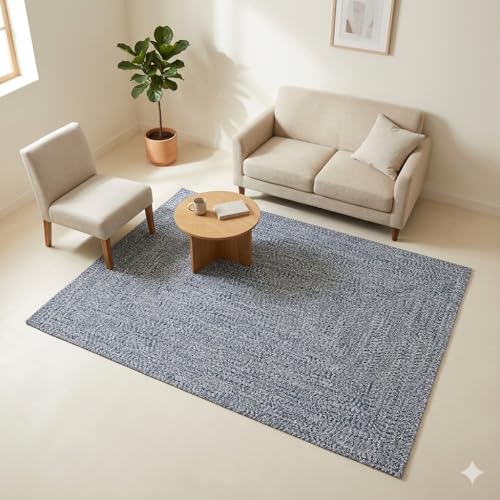 Image of Handmade Cotton Braided 4x6 feet Area Rug - Washable, Low Pile Reversible Floor Mat for Bedroom, Kitchen, Entryway & Living Room - Eco-Friendly Woven Carpet - (Light Blue, Rect)