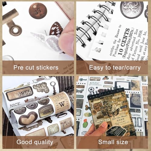 Image of HASTHIP 595PCS Pre Cut Vintage Stickers Book, 50 Sheets Brown Washi Scrapbooking Ephemera for Journaling, Junk Journal Supplies DIY Crafts Stickers