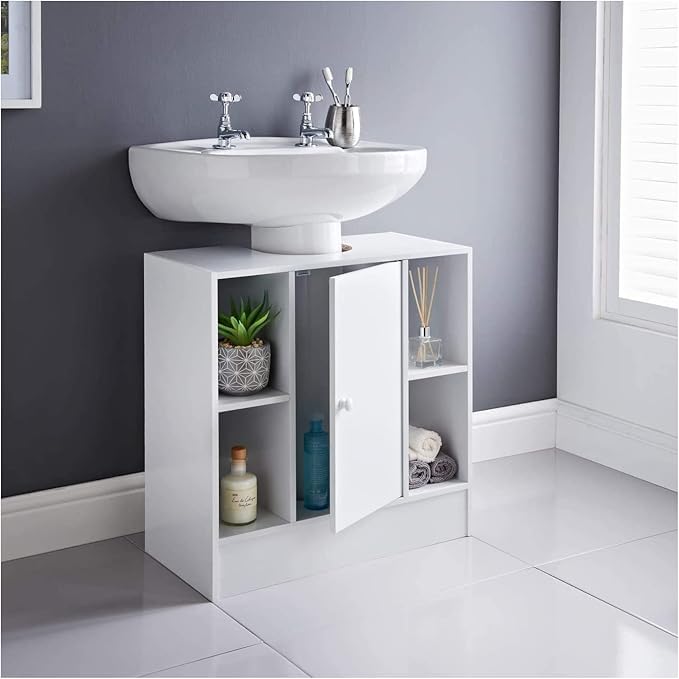 New White Wooden Under Sink Bathroom Storage Cabinet | Freestanding MDF Floor Unit with 1 Door | Matte Finish Furniture Set | Space-Saving Cupboard for Small Bathrooms – Flat Pack Assembly Z-018