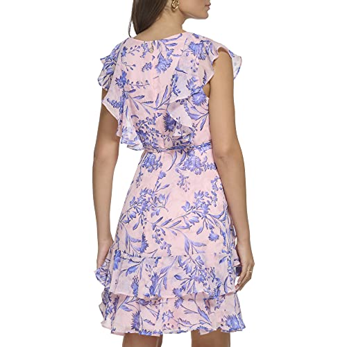 Image of Tommy Hilfiger Women's Sleeveless V-Neck Ruffle Trim Tie Waist Chiffon Mini Dress