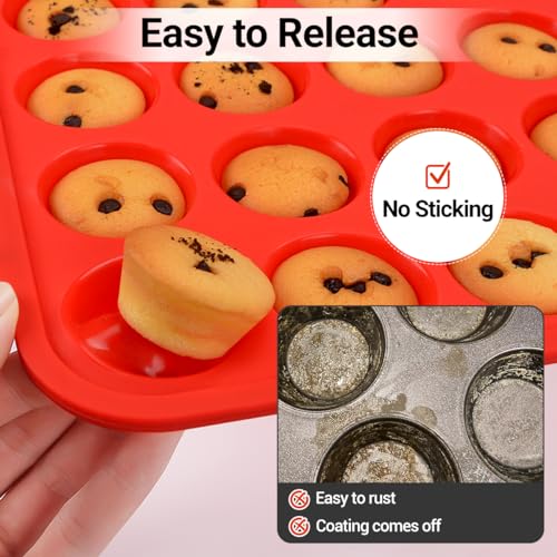 Image of CAKETIME Silicone Mini Muffin Pan, Metal Reinforced Frame 24 Cups Mini Muffin Tin with Handles BPA Free Muffin Silicone Molds for Baking Muffins, Cupcakes, Egg Bites 2 Pack, Red