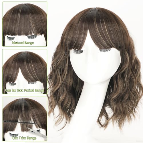 Image of AISI HAIR Curly Bob Wig with Bangs Short Wavy Warm Medium Brown Color Wigs for Women Bob Style Synthetic Heat Resistant Bob Wigs