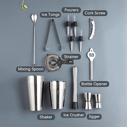Miniatura 2 de Juego de 14 piezas de coctelera mixología con coctelera Boston, jigger, vertedero, trituradora de hielo, pinzas de hielo, cuchara de mezcla,