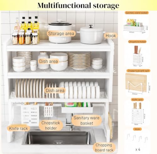 Image of YAGVIZ Sink Dish Drying Rack with Flip Cover Door, Kitchen Double Layer Multifunctional Countertop Organizer, Dustproof Space-Saving Drain Shelf with Dishwasher /Tableware Storage