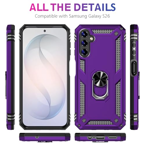 Image of for Samsung Galaxy S26 Case with Screen Protector, Heavy Duty Military Grade Shockproof Rugged Protective Cover for Samsung S26 Phone Case with Metal Ring Magnetic Kickstand (Purple)