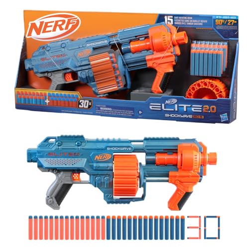 NERF Elite 2.0 Shockwave RD-15 Blaster 30 NERF Darts 15-Dart Rotating Drum Pump-Action Slam Fire Built-In Customizing Capabilities Blue orange One Size