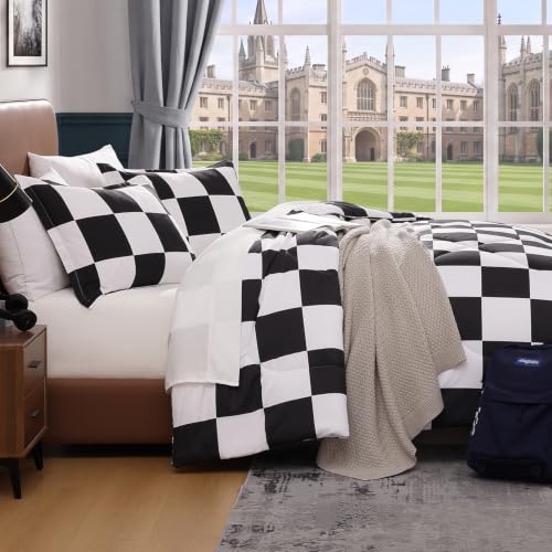 Image of Andency Checkered Comforter Queen(90x90Inch), Black White Plaid Gingham Bed Set for Teen Boys Kids, Lightweight Polyester Geometric Preppy Bedding, 3 Pieces