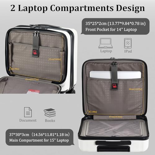 16 Inch Carry On Luggage with 2 Compartments for 14” & 15” Laptop, 16.14*8*17.12” Rolling Briefcase, Lightweight Hardshell ABS+PC Suitcase with Spinner Silent Wheels, for Business Trip, Milky White3