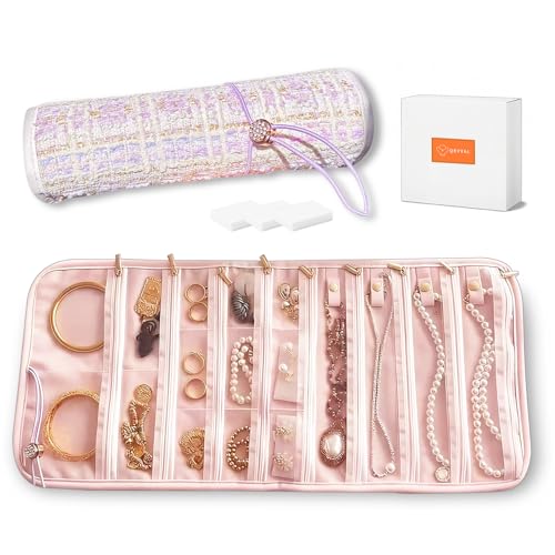 Tweed Jewelry Roll Organizer Travel with 17 Zippered Compartments Necklace Organizer Tangle-Free Portable Roll up Jewelry Storage Bag for Bracelets Rings Earrings Scratch Protection Display(purple)