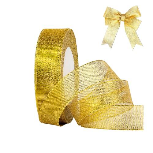 YUDANSI Gift Wrapping Ribbon, 20mm Wide 23 Meters ClearGold Satin Ribbon Hair Bows, Gift Wrap Sew for Birthday Valentine Bow, Wedding Car Ribbon