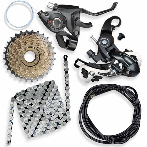 Image of Aruvia 7 Speed Bicycle Gear Set of 5 Accessories - Rear Derailleur, Freewheel, Chain, Shifter & Cable | Gear Kit for Cycle Size - 24T, 26T, 27.5T, 29T Gear Bike, Conversion Kit